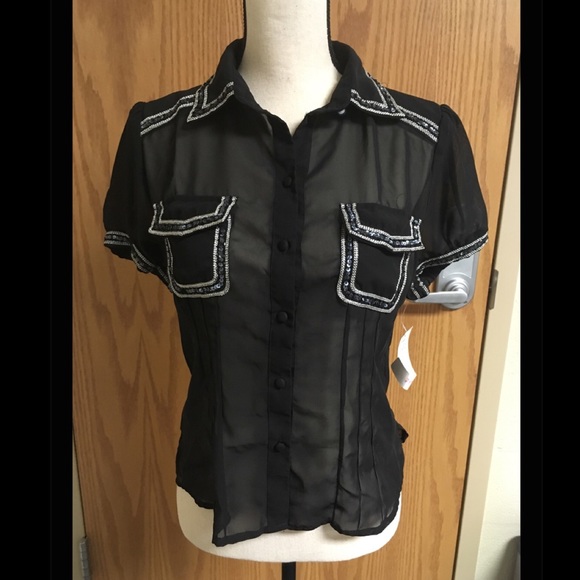 Sheer black sequin and silver lined blouse. - Picture 1 of 2